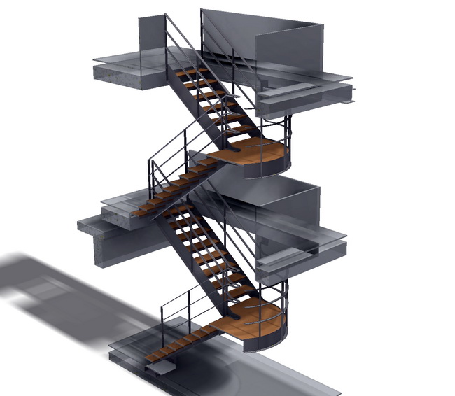 3d Modell Treppe aus Schwarzblech mit Geländer und Holzstufen, Meili Mader